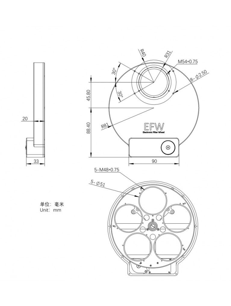 ZWO EFW 5-position Filter Wheel for 2"