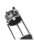 Closer view of the 12" Sky-Watcher Dob showing the focuser, finder, and one of the truss-tube locks. 