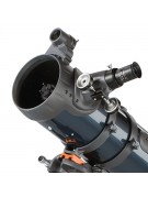 Close-up of the focuser and finder of the Celestron AstroMaster AM114E.